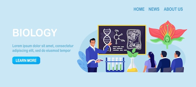 Biologie college onderwerp Studenten verkennen de natuur en de structuur van het levende organisme Leraar staat op het bord en legt biologisch proces uit aan mensen Academisch onderwijs