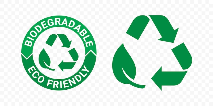 Vector biologisch afbreekbare recyclebare pictogrammen organische bio pakket vector blad en pijl label plastic gratis biologisch afbreekbaar eco veilig recyclebaar en biologisch afbreekbaar pakket postzegels