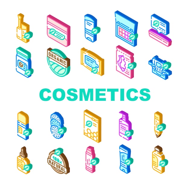 Biologische cosmetica collectie iconen set vector make-up palet cosmetica en gezichtsmasker blad natuurlijke kokosolie voor haar en huid isometrische teken kleur illustraties