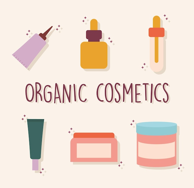 Biologische cosmetische letters met een set van biologische cosmetische pictogrammen