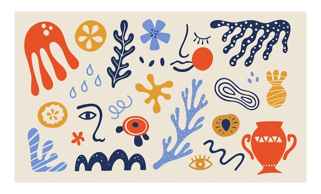 Biologische klodders tropische vruchten en bladeren in matisse stijl Set trendy doodle abstracte elementen bundel met natuurlijke vormen willekeurige freehand matisse collectie vectorillustratie