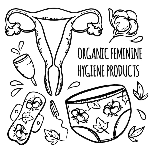 Biologische vrouwelijke hygiëne handgetekende illustratieset