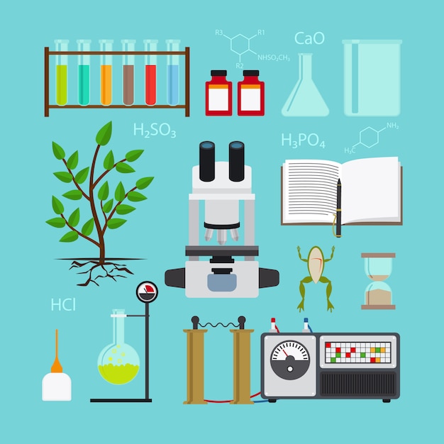 Vettore icone di biologia e laboratorio chimico