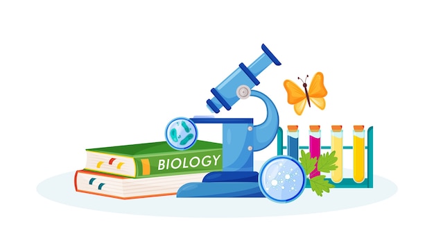 Biology flat concept illustration. School subject. Lab analysis. Natural science metaphor. Practical class. University course. Student textbook and laboratory items 2D cartoon objects