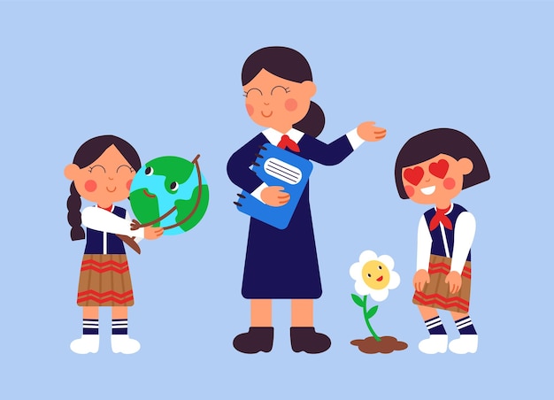 Biologia e geografia bambini con insegnante college o bambini in età prescolare in uniforme le ragazze amano il pianeta e il concetto di vettore di ecologia della natura