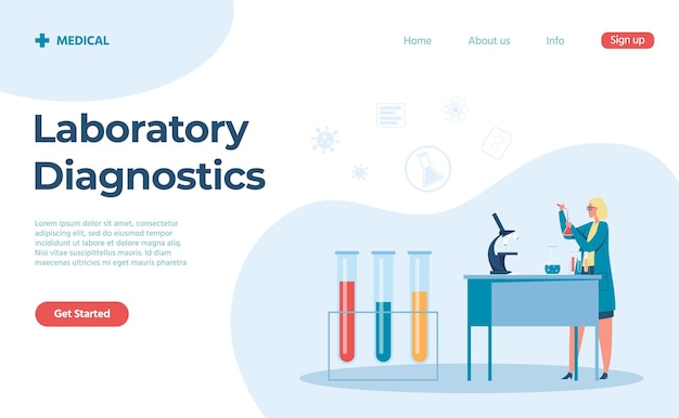 Biology laboratory diagnostics by doctor landing page. Vector medical science research illustration, medicine technology