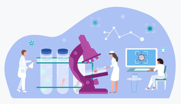 biology research associate doctor tiny character scientific worker observe microscope flat vector illustration isolated on white