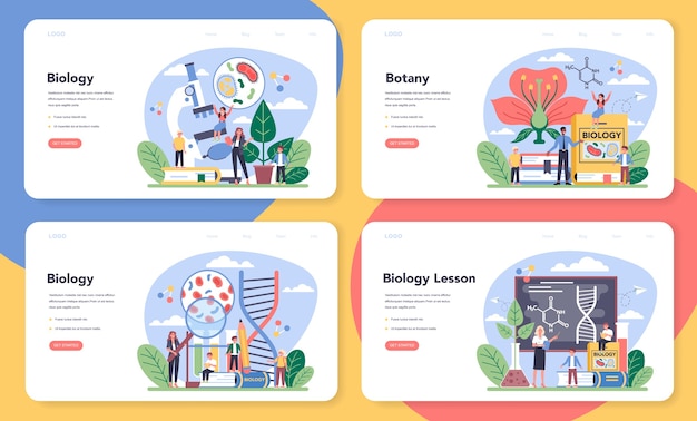 生物学の教科のwebバナーまたはランディングページセット