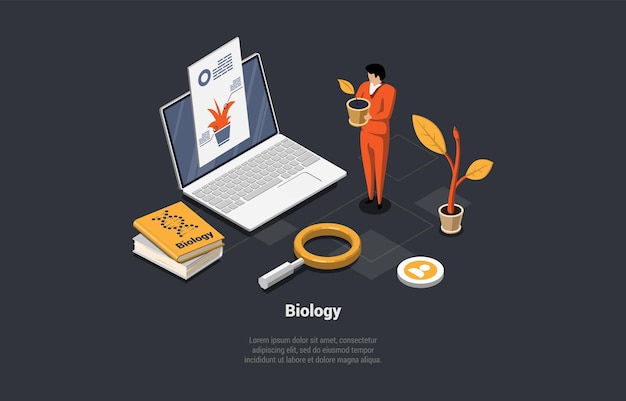 Biology And Science Man Scientist With Plant In a Pot Near Huge Laptop Eco Agronomy And Biology Engineer Grow Green Sprouts With Cultivation Equipment Isometric 3d Cartoon Vector Illustration