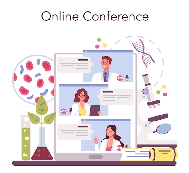 Biology science online service or platform. scientist make laboratory analysis of life system and living organisms. online conference. vector illustration