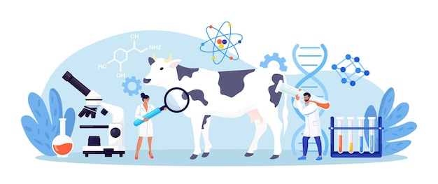 Biology scientists doing research cow dna Genetically modified animals Gene technology Bioengineering People doing experiments in lab with animal Veterinary worker making test and analysis