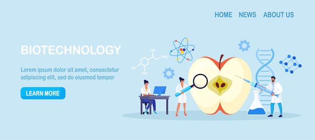 Biology scientists doing research on fruits vegetables Genetically modified plants foods gmo farming Gene technology Bioengineering People in uniform perform experiment with fruit in laboratory