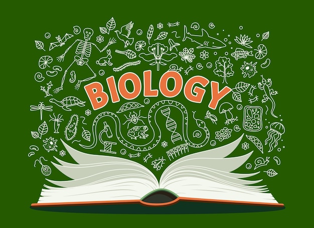 Biology textbook school book and anatomy symbols