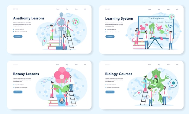 Set di pagine di destinazione web di biologia. scienziato che esplora l'uomo e la natura. lezione di anatomia e botanica. idea di educazione e sperimentazione. illustrazione vettoriale in stile cartone animato