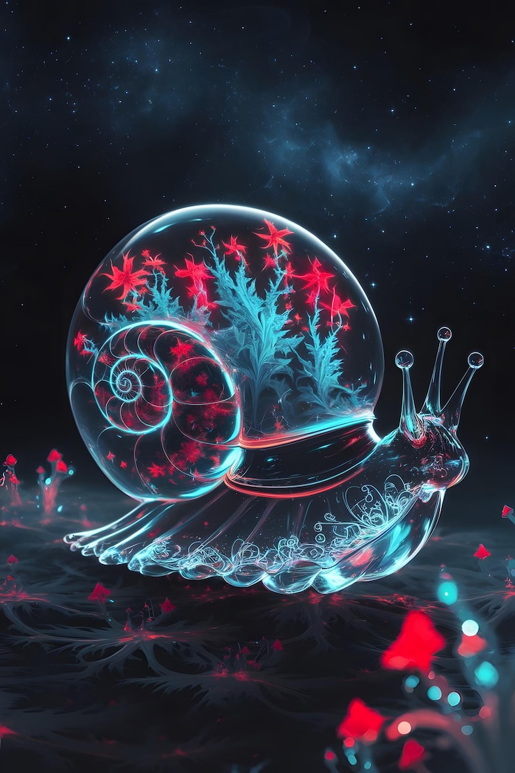Vector bioluminescent snail shell filled of a transparent glass