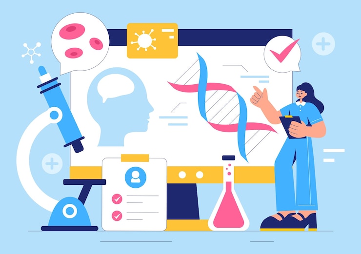 Vector biomarkers vector illustration featuring biomarker dna biology evidence nanotechnology structural chemical formulas and molecular models