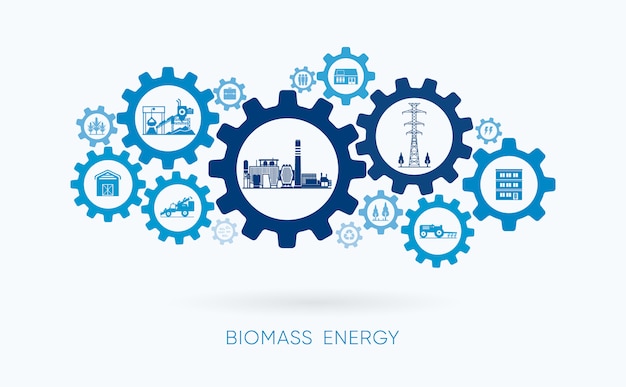 Energia da biomasse, centrale elettrica a biomasse con icona dell'ingranaggio