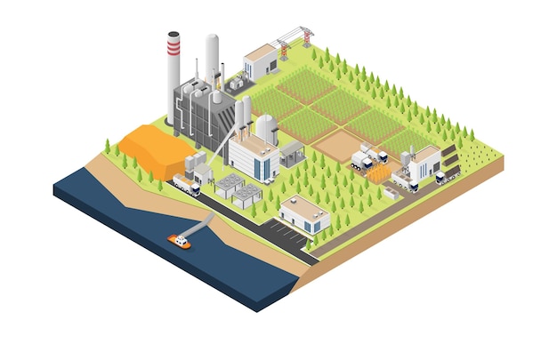 Biomassa-energie, biomassacentrale in isometrische afbeelding