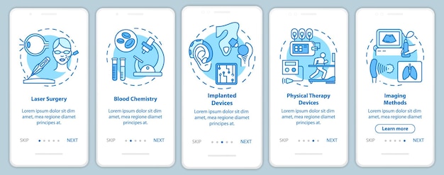 Schermata della pagina dell'app mobile per l'onboarding dell'ingegneria biomedica con concetti lineari. chimica del sangue. istruzioni grafiche in cinque passaggi. chirurgia laser. ux, ui, modello vettoriale gui, illustrazioni