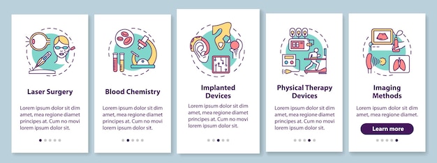 Schermata della pagina dell'app mobile di onboarding dell'ingegneria biomedica con concetti lineari. chirurgia laser. chimica del sangue. cinque passaggi illustrativi istruzioni grafiche. ux, ui, template vettoriale gui, illustrazioni