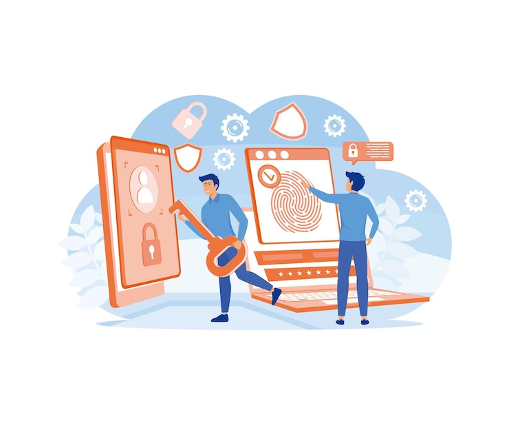 Vector biometric access control web design biometrics identification and verification fingerprint scanning technology flat vector modern illustration