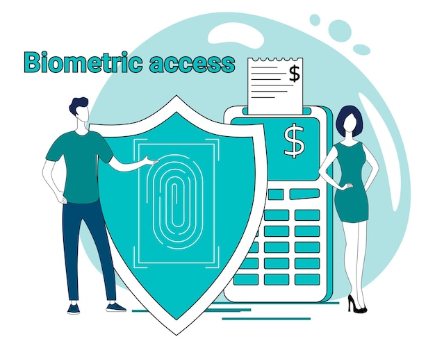 Biometric access people on the background of a payment terminal and a shield with biometric access