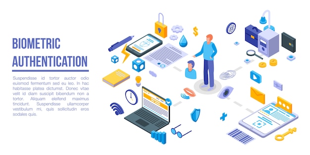 Biometric authentication concept banner, isometric style