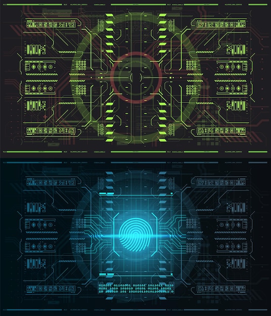 Биометрический идентификатор с футуристическим интерфейсом HUD. Иллюстрация концепции технологии сканирования отпечатков пальцев. Сканирование системы идентификации. Сканирование пальцев в футуристическом стиле.