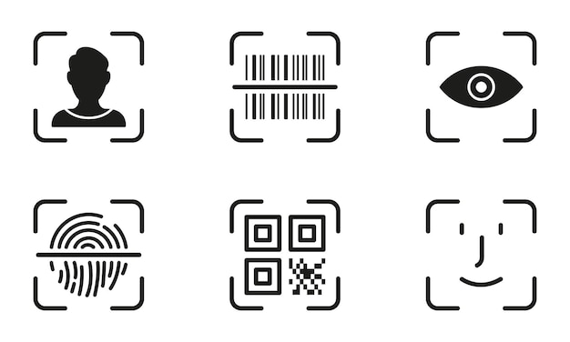 Biometric Identification by Finger Print Eye Recognize Touch ID Line Icon Set Scan QR Code Barcode