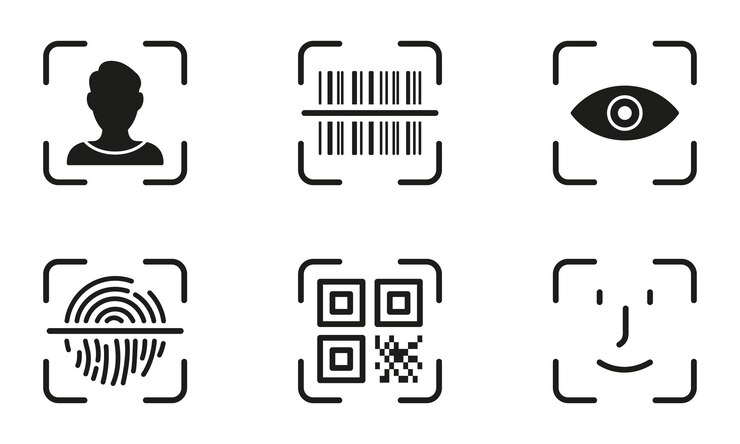 Vector biometric identification by finger print eye recognize touch id line icon set scan qr code barcode