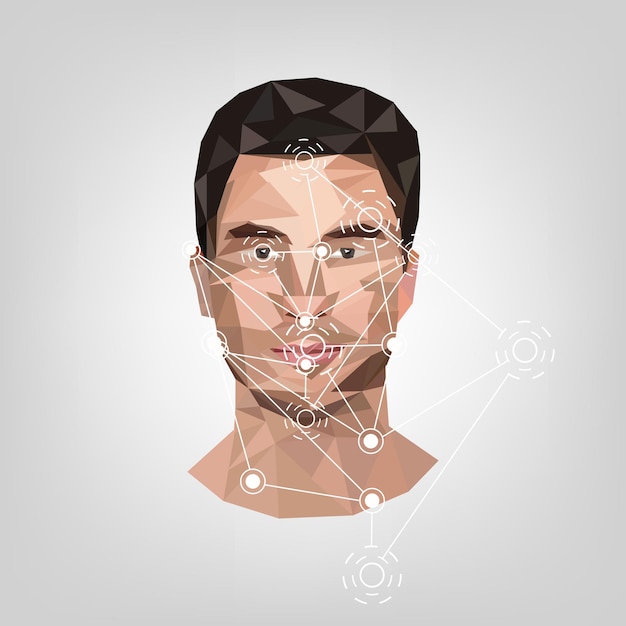 Identificazione biometrica sul viso nello stile di illustrazione vettoriale low poly