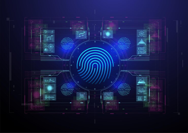 Vector biometric identification or recognition system of person. fingerprint scanning.