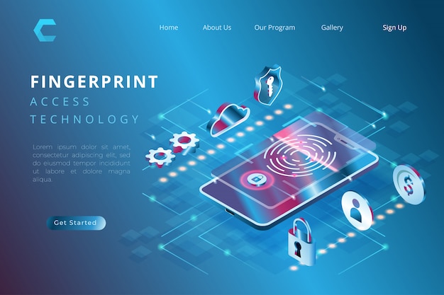 検証、等尺性3 dイラストスタイルの指紋を使用して技術のイラストの保護の生体認証の図