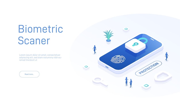 Vector biometric scaner landing page template password access to personal data by scanning fingerprint