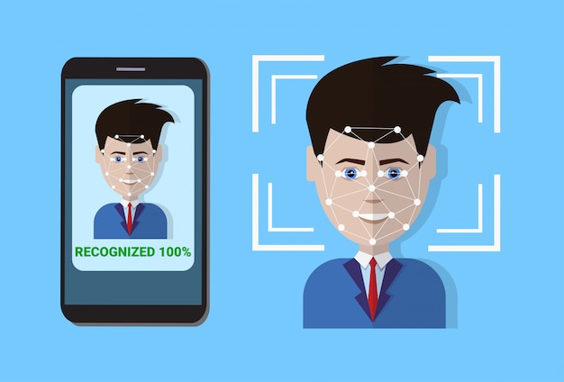 制御保護のバイオメトリックスキャンシステムスマートフォンのスキャンユーザーの顔、顔認識技術の概念