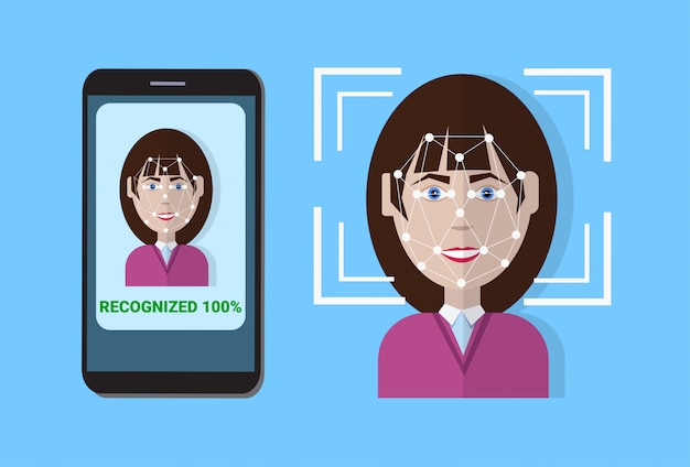 制御保護のバイオメトリックスキャンシステムスマートフォンのスキャンユーザーの顔、顔認識技術の概念