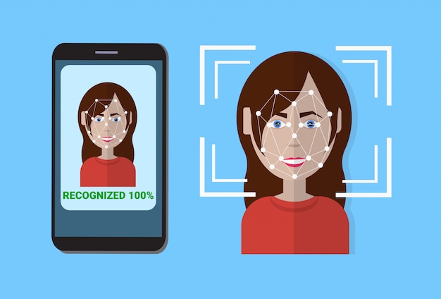 Биометрическая сканирующая система контроля защиты Смартфон Сканирование лица пользователя, концепция технологии распознавания лиц