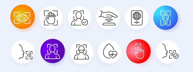 Biometric set icon Pulse face id Speech recognition fingerprint identification face recognition scan Authentication concept Neomorphism style Vector line icon