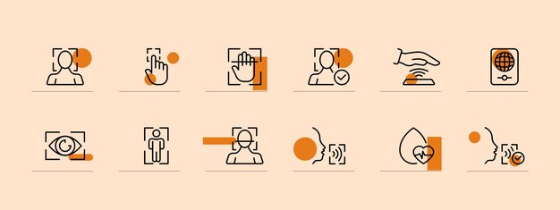 Biometrics icon set Scanner of body face finger retina blood test Pastel color background Vector line icon for business and advertising