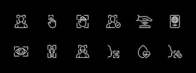 Biometrics icon set Scanner of body face finger retina blood test White line icon on black background Vector line icon for business and advertising