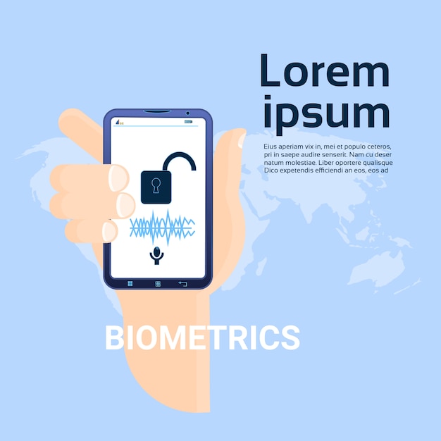 バイオメトリクススキャンコンセプト手世界地図背景顔認識システム上のスマートフォン