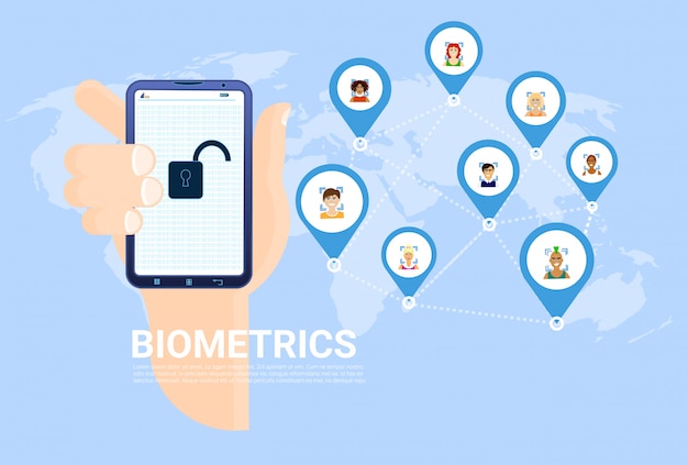 Biometrics scanning concept hand hold smart phone over world map with users background facial recognition