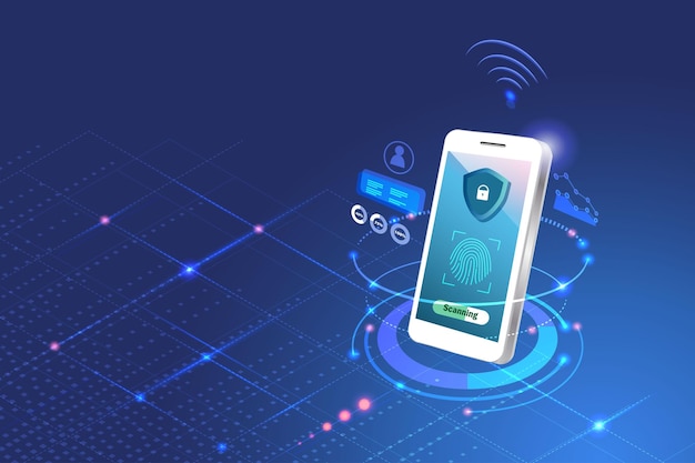 Biometrics security fingerprint scanning on smart phone to access financial data and investment