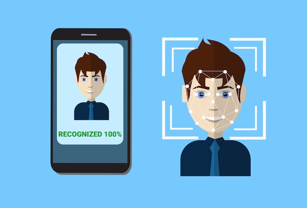 Biometrisch scansysteem van controlebeveiliging Slimme telefoonscan Gebruikersgezicht, gezichtsherkenningstechnologieconcept
