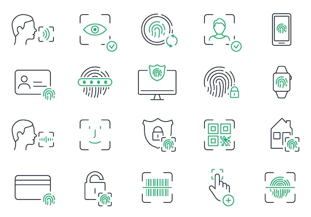 Biometrische identificatielijn Icon Set Face ID Touch ID Kleurpictogrammen Vingerafdruk Gezichtsidentiteit