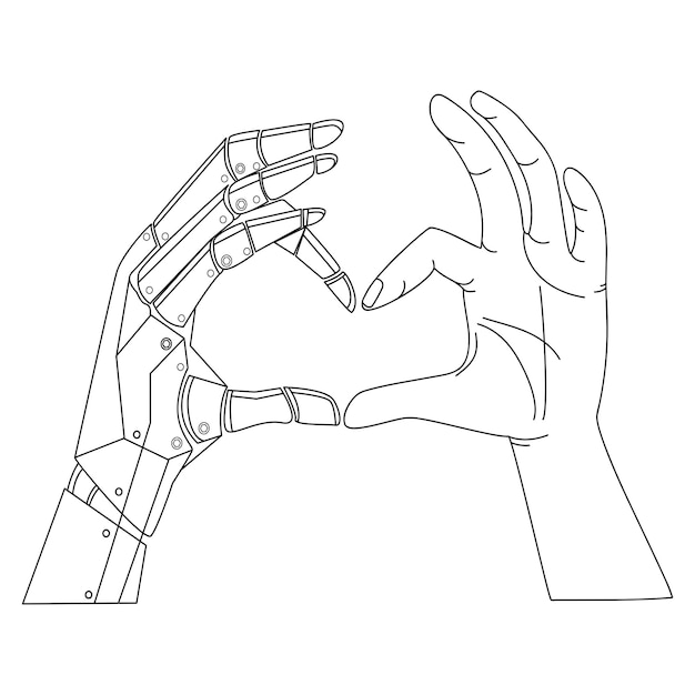 바이오닉 로봇 팔과 인간 팔은 함께 심장을 보여줍니다. 라인 아트 드로잉.인공 지능 벡터