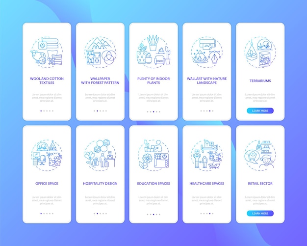 Biophilia blue gradient onboarding mobile app page screen with concepts set