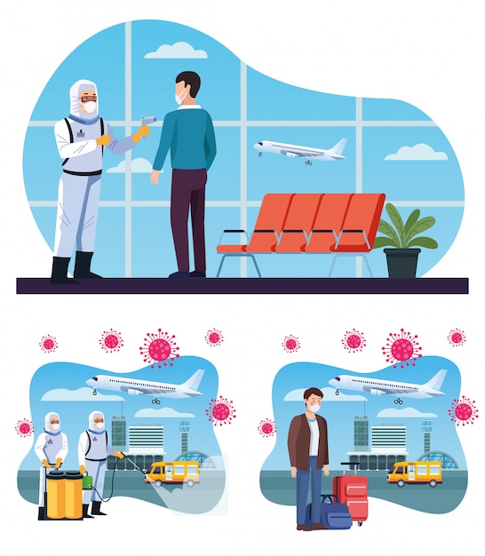 Vector biosafety workers desinfect airport and checking temperature for