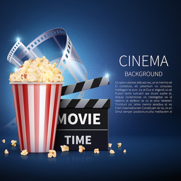 Bioscoop 3d film achtergrond met popcorn en vintage film.