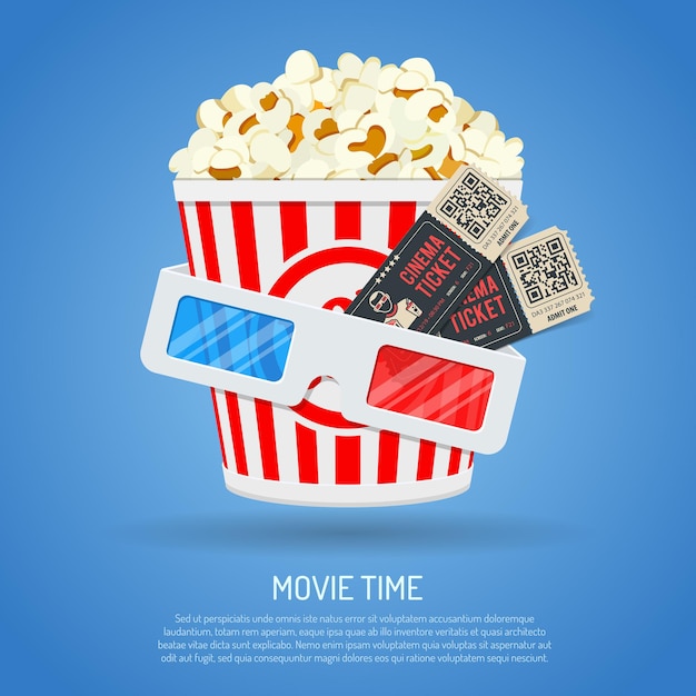 Bioscoop- en filmtijd met platte popcorn, 3d-bril en kaartjes.